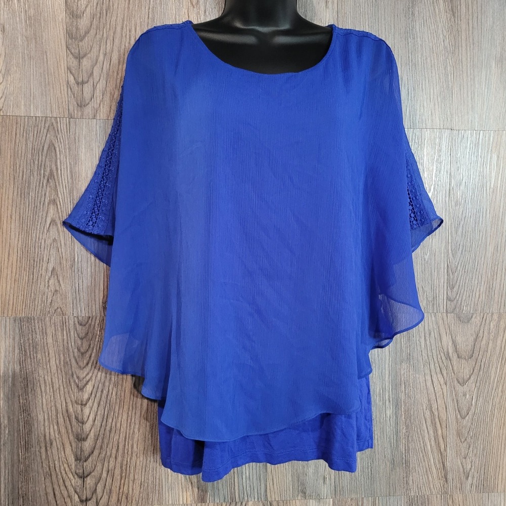 APT 9 Layered Poncho Tank Blouse Size L Cobalt Blue Crochet Accent Flowy Event